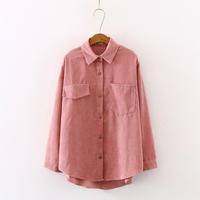 Nowych kobiet jednolita, sztruksowa rękaw w kształcie skrzydła nietoperza bluzka Vintage skręcić w dół kołnierz luźny Top zapinana różowa koszula Feminina Blusa T9D609T 3